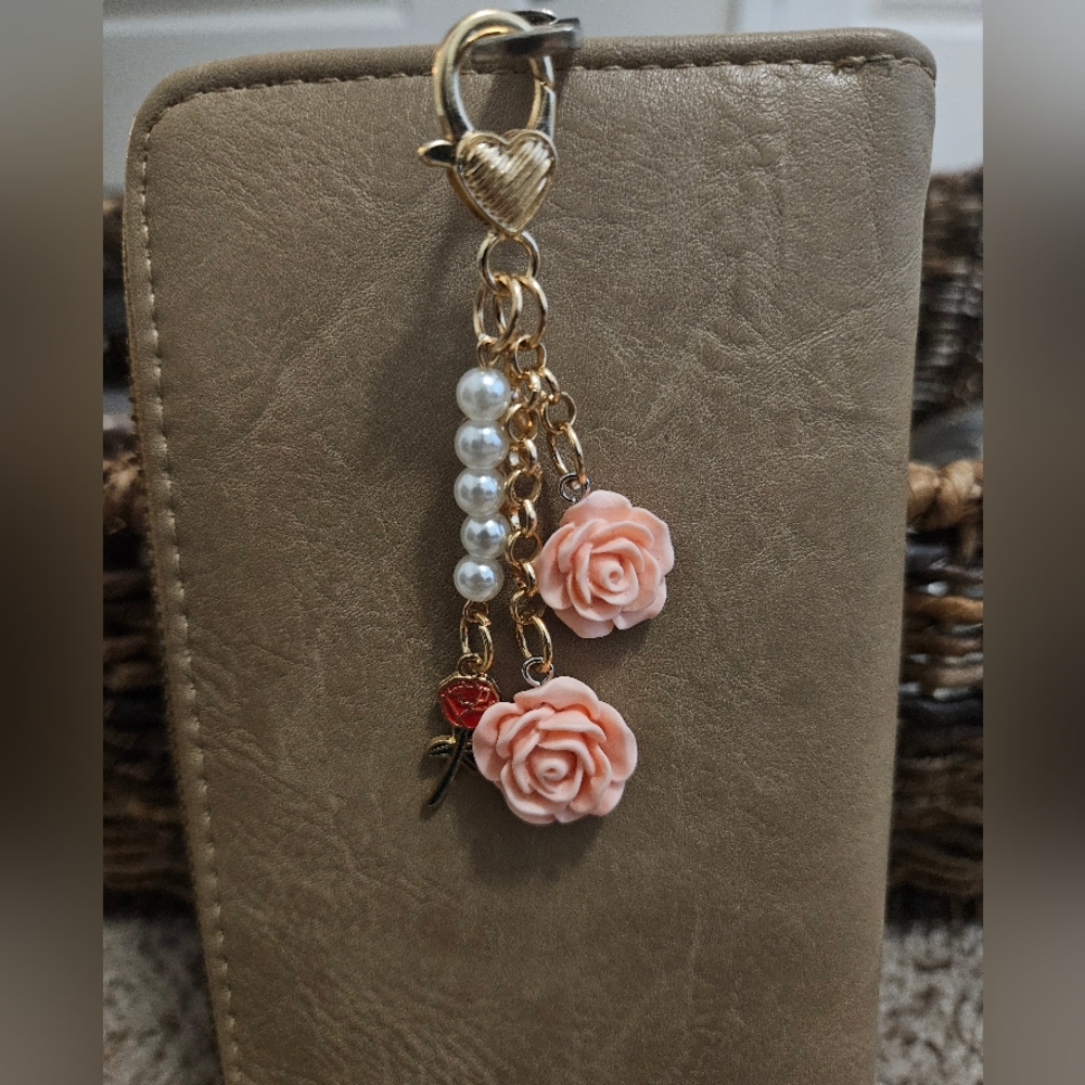 Elegant Pink Rose Keychain with Pearls